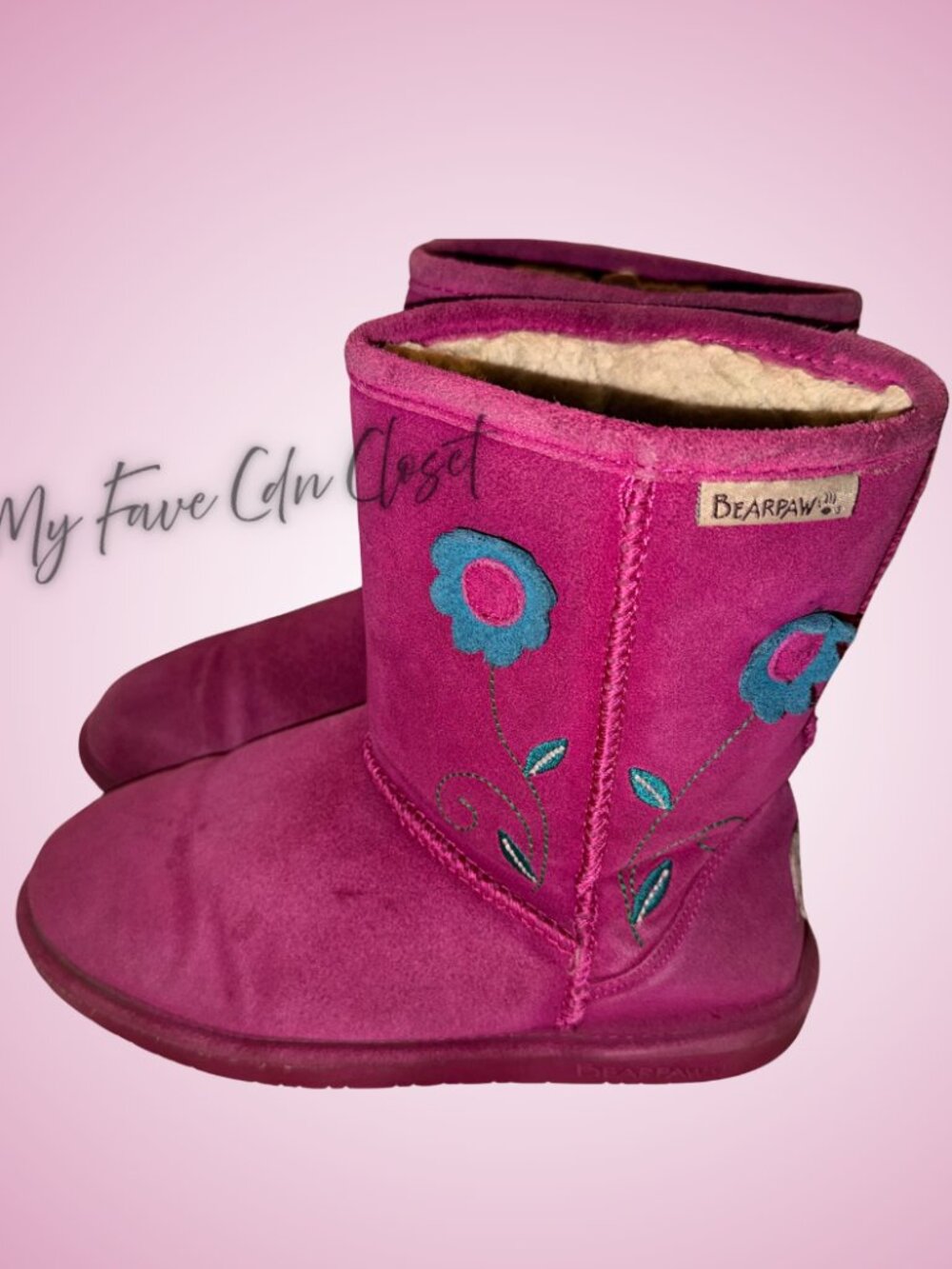 Pink with Flowers Bearpaw Youth Suede Boots (Wool Blend Lining) girls Sz 4